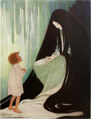 O quadro retrata uma cena fantástica que se passa em um local não identificável entre duas figuras. À esquerda, um garoto loiro está virado para a esquerda, com as mãos unidades, as pernas à mostra e os pés descalços. Ele veste uma camisola branca e ergue a cabeça para observar a personagem da esquerda. À esquerda, a personagem é uma mulher adulta, com o rosto e as mãos muito brancas à mostra. Ela está virada para a direita, na direção do olhar do garoto, mas não corresponde ao olhar dele. Ela veste branco e está sentada, as mãos dela estão no colo voltadas para cima. O rosto dela se direciona para as próprias mãos. Os cabelos pretos são muito longos, envolvem seu rosto, ocultam seus ombros, chegam ao chão, onde se espalham. O autor do desenho, o Jessie Willcox Smith, era famoso por ilustrar livros infantis de fantasia e aventura entre o final do século XIX e início do século XX.